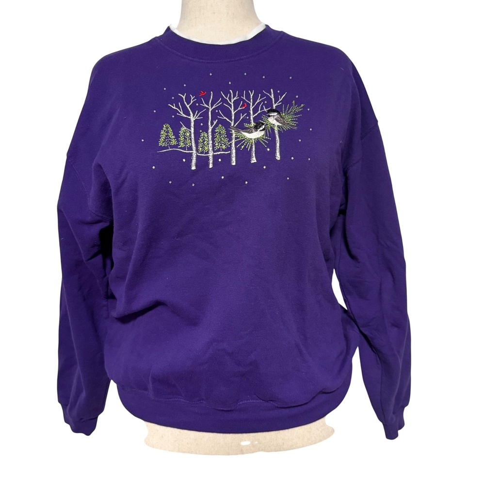 Vintage Y2K double collar purple women grannycore sweater large bird winter bead